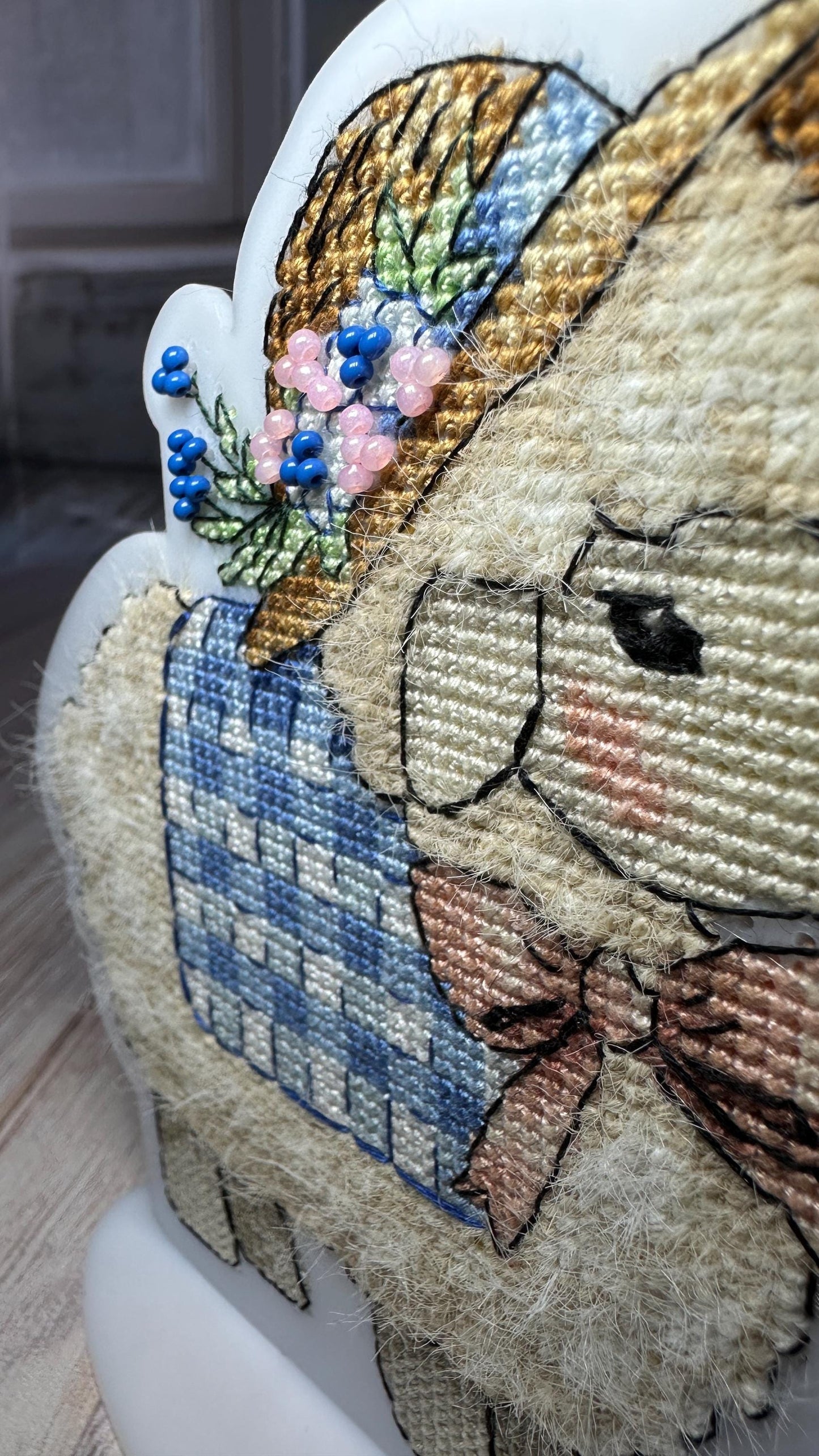 Easter Bead Embroidery Kit on Acrylic base, cross stitch, porcelain lady sheep