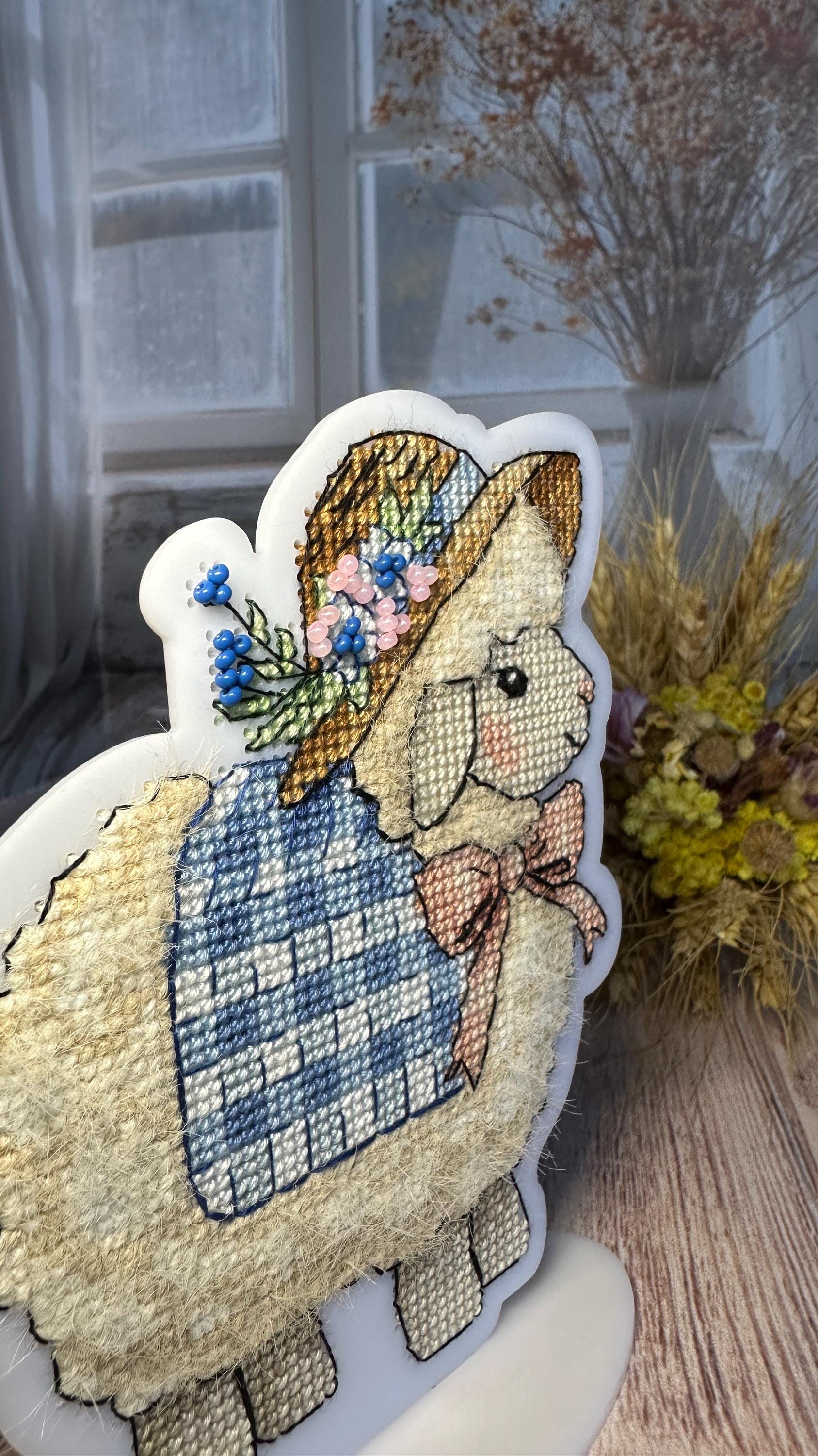 Easter Bead Embroidery Kit on Acrylic base, cross stitch, porcelain lady sheep