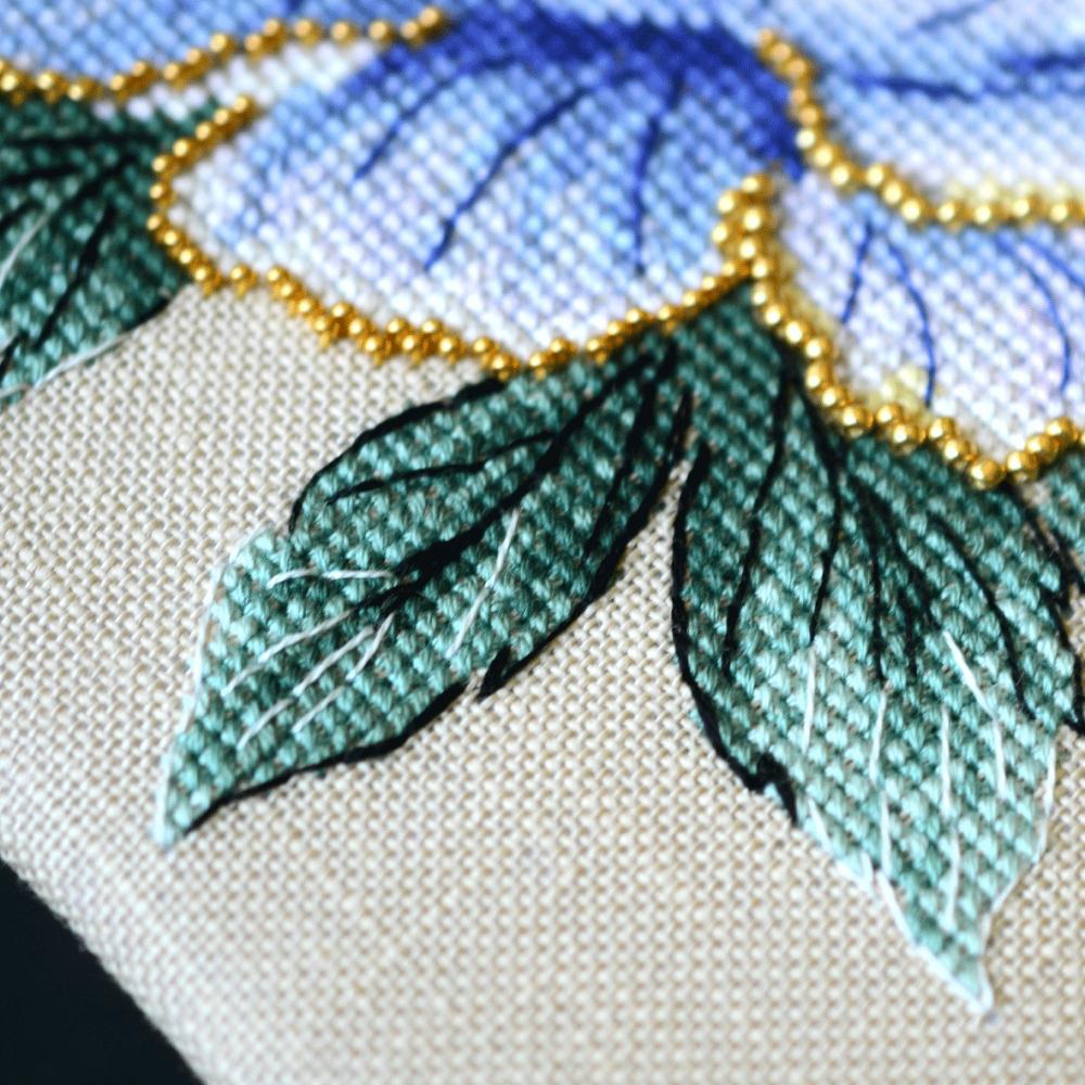 Blue peonies Cross Stitch Kit with beads: Tela Artis, Hand-Dyed Threads, Linen