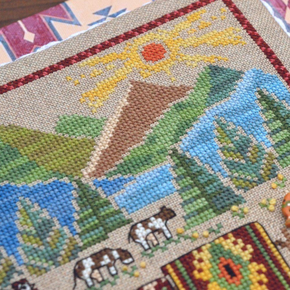 Counted Cross Stitch Sampler Kit:Carpets and the sun, Hand-Dyed threads, Evenweave Fabric, Beads