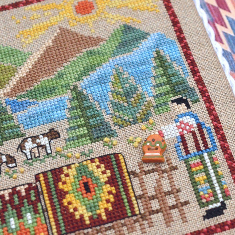 Counted Cross Stitch Sampler Kit:Carpets and the sun, Hand-Dyed threads, Evenweave Fabric, Beads