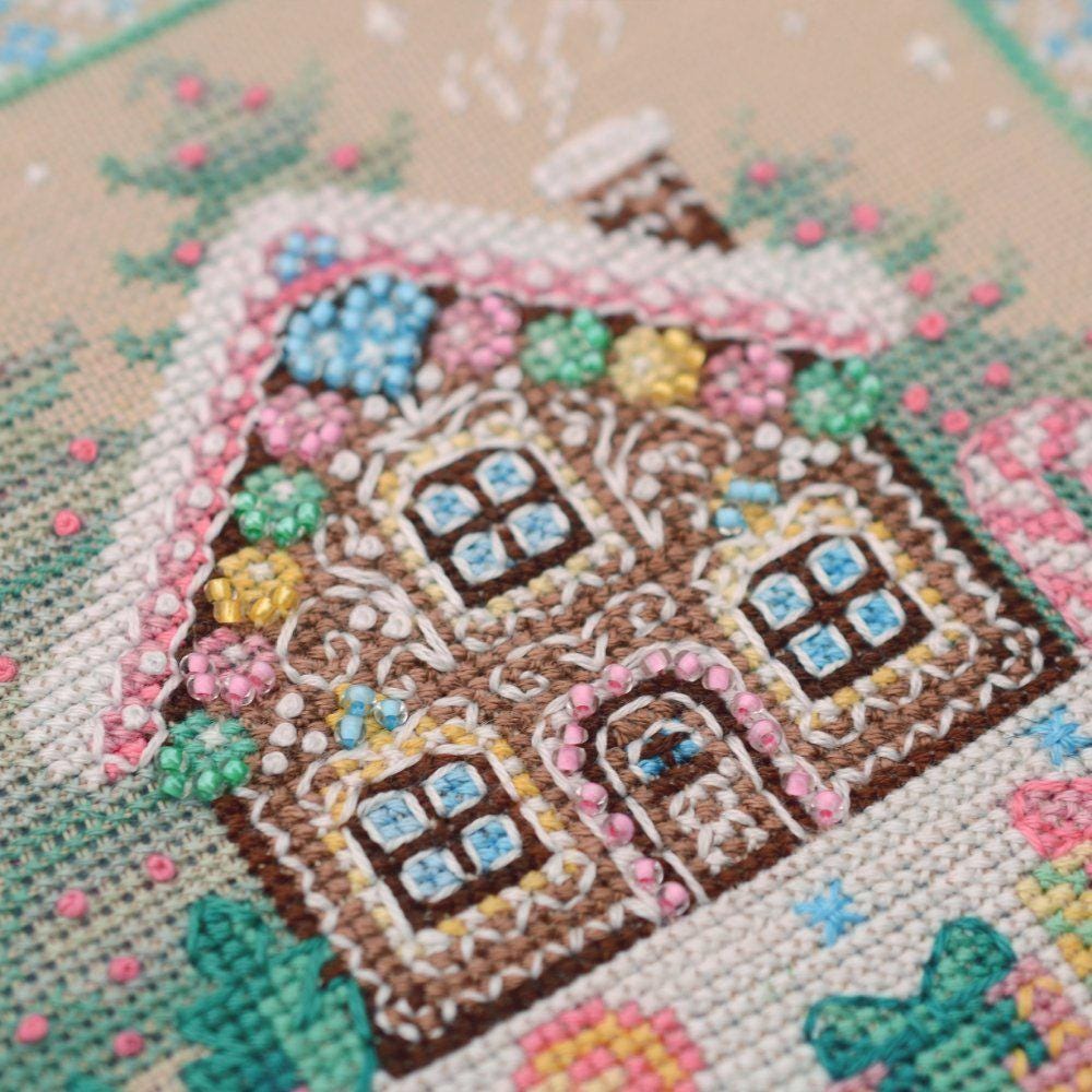Counted Cross Stitch Sampler Kit:Gingerbread house, Hand-Dyed threads, Evenweave Fabric, Beads