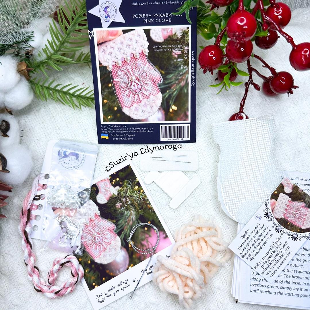 Pink glove, Cross Stitch Kit, Unic, set with threads, beads and decorative crystals.
