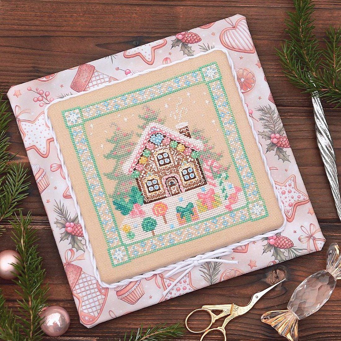 Counted Cross Stitch Sampler Kit:Gingerbread house, Hand-Dyed threads, Evenweave Fabric, Beads