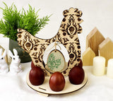 DIY Easter Egg holder Decor Set Spring green: Plywood Chicken with cross stitch egg