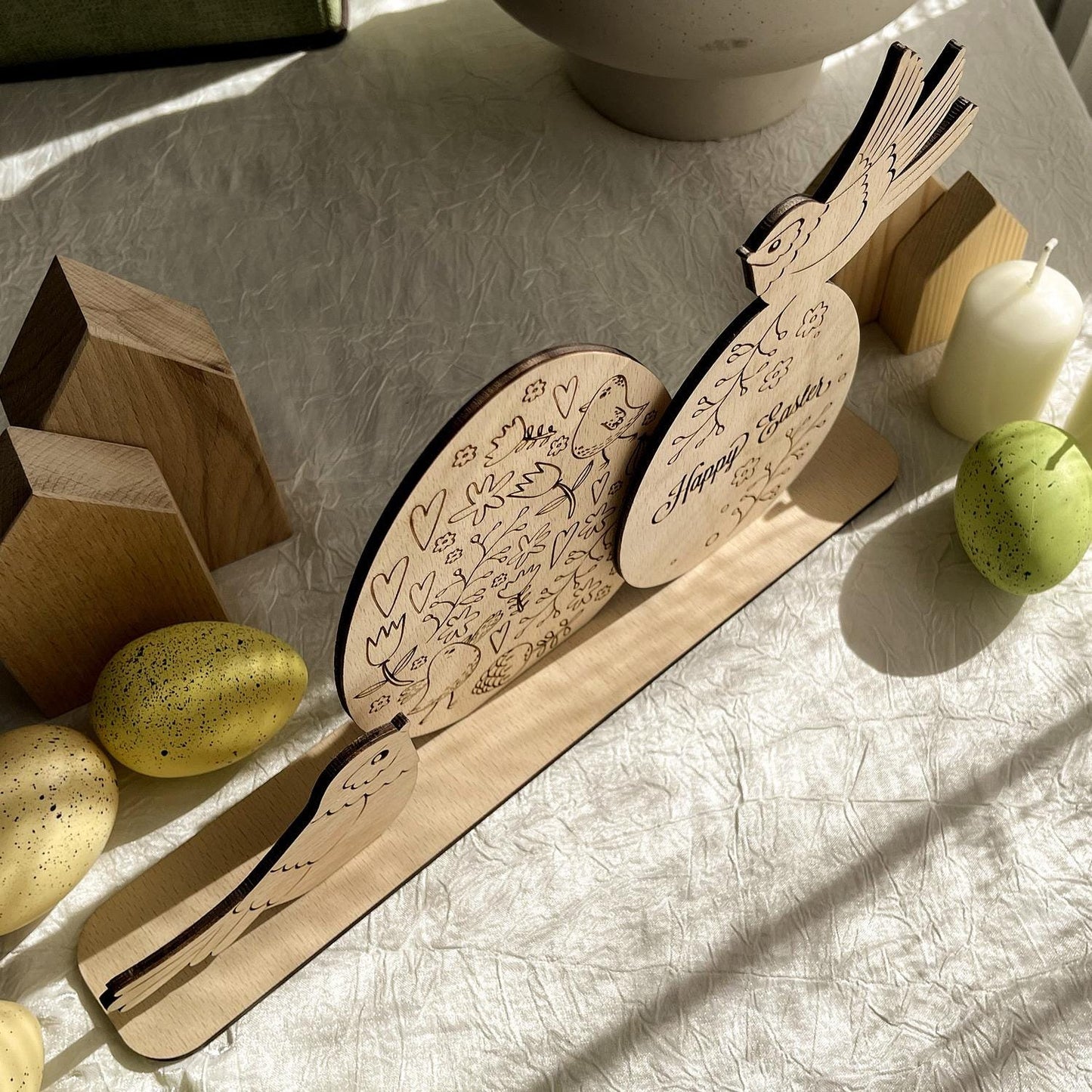 Easter Decor Set, Plywood Eggs and birds on holder, ready to use