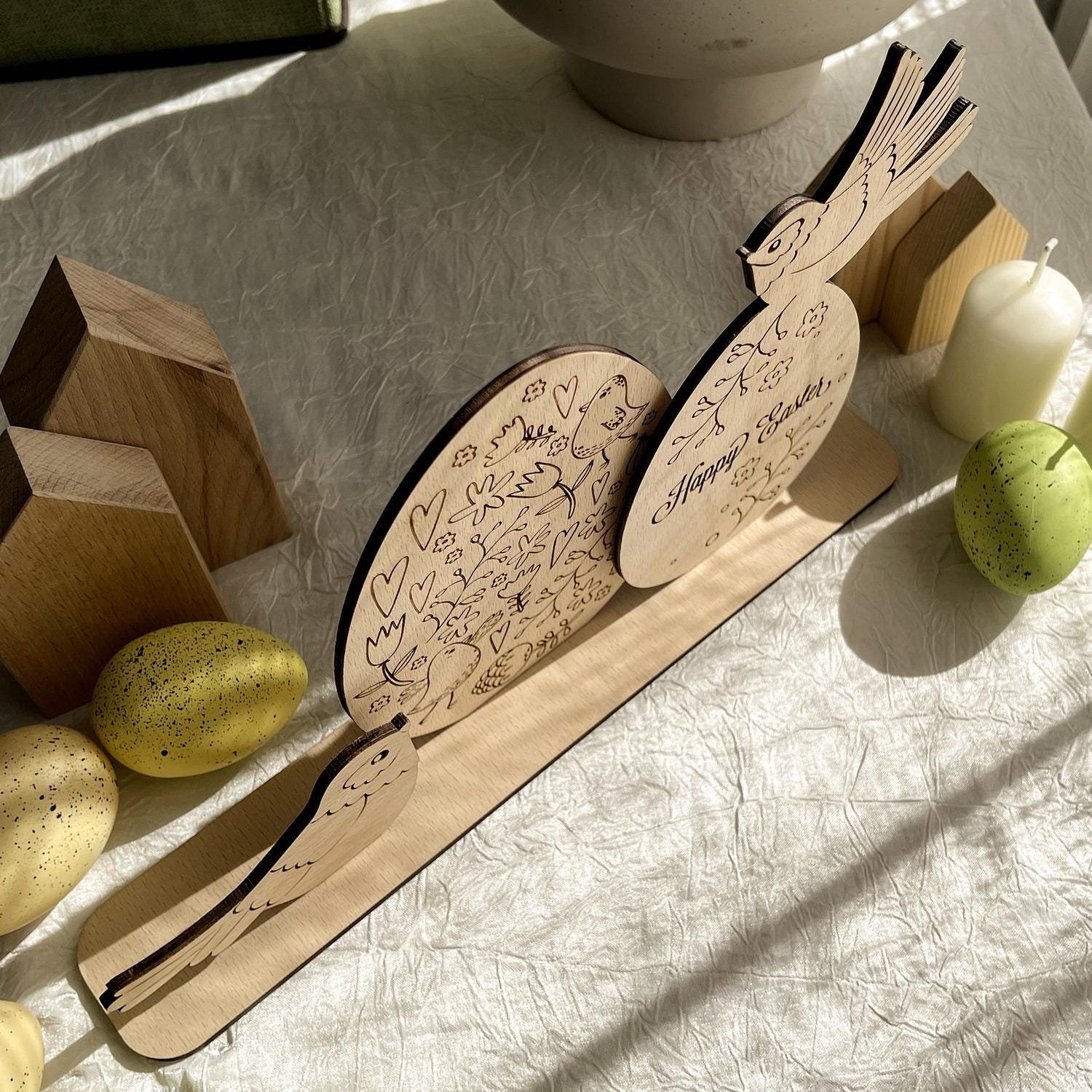 Easter Decor Set, Plywood Eggs and birds on holder, ready to use