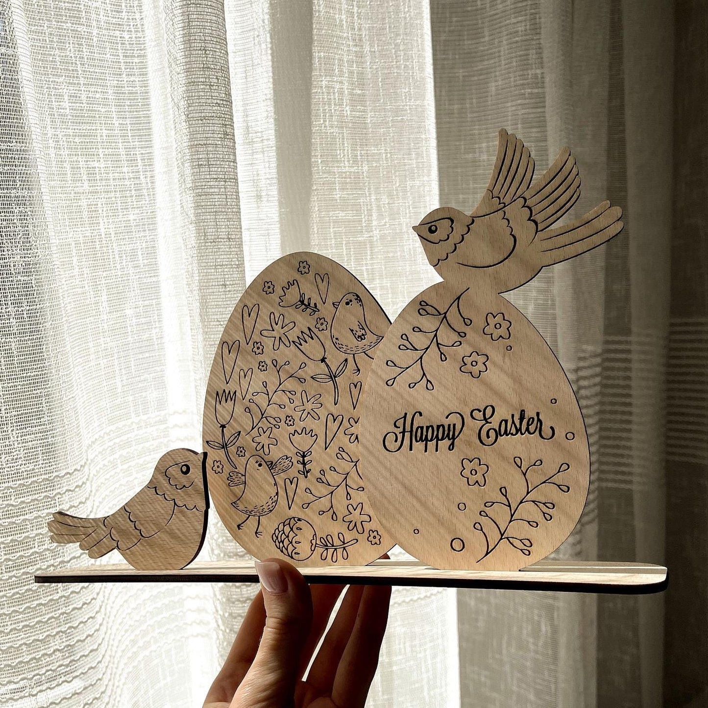 Easter Decor Set, Plywood Eggs and birds on holder, ready to use