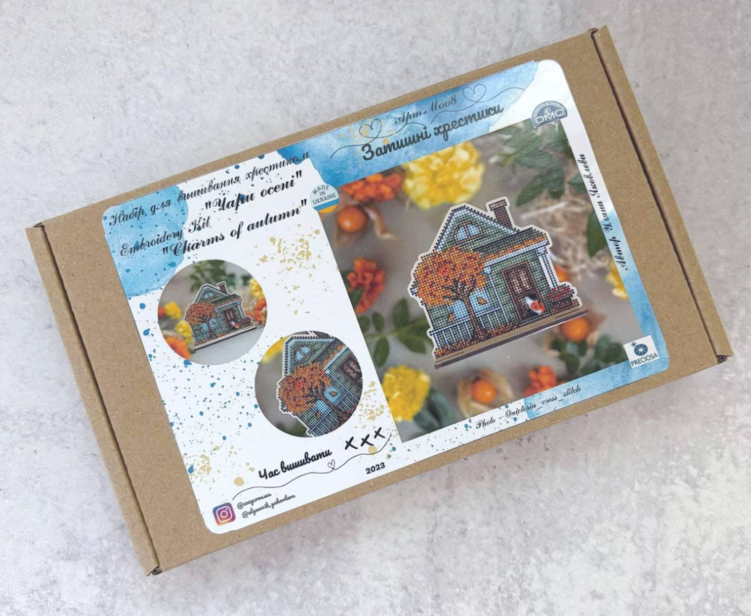 Cozy Crosses Charms of Autumn M008 Counted Cross Stitch Kit, Autumn House on Wood