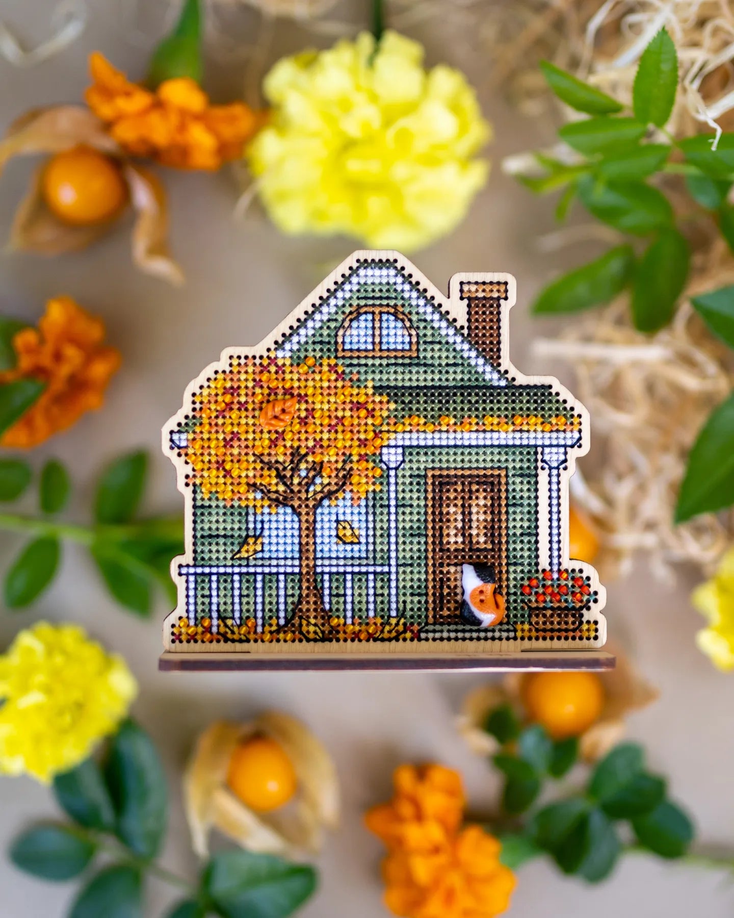 Cozy Crosses Charms of Autumn M008 Counted Cross Stitch Kit, Autumn House on Wood