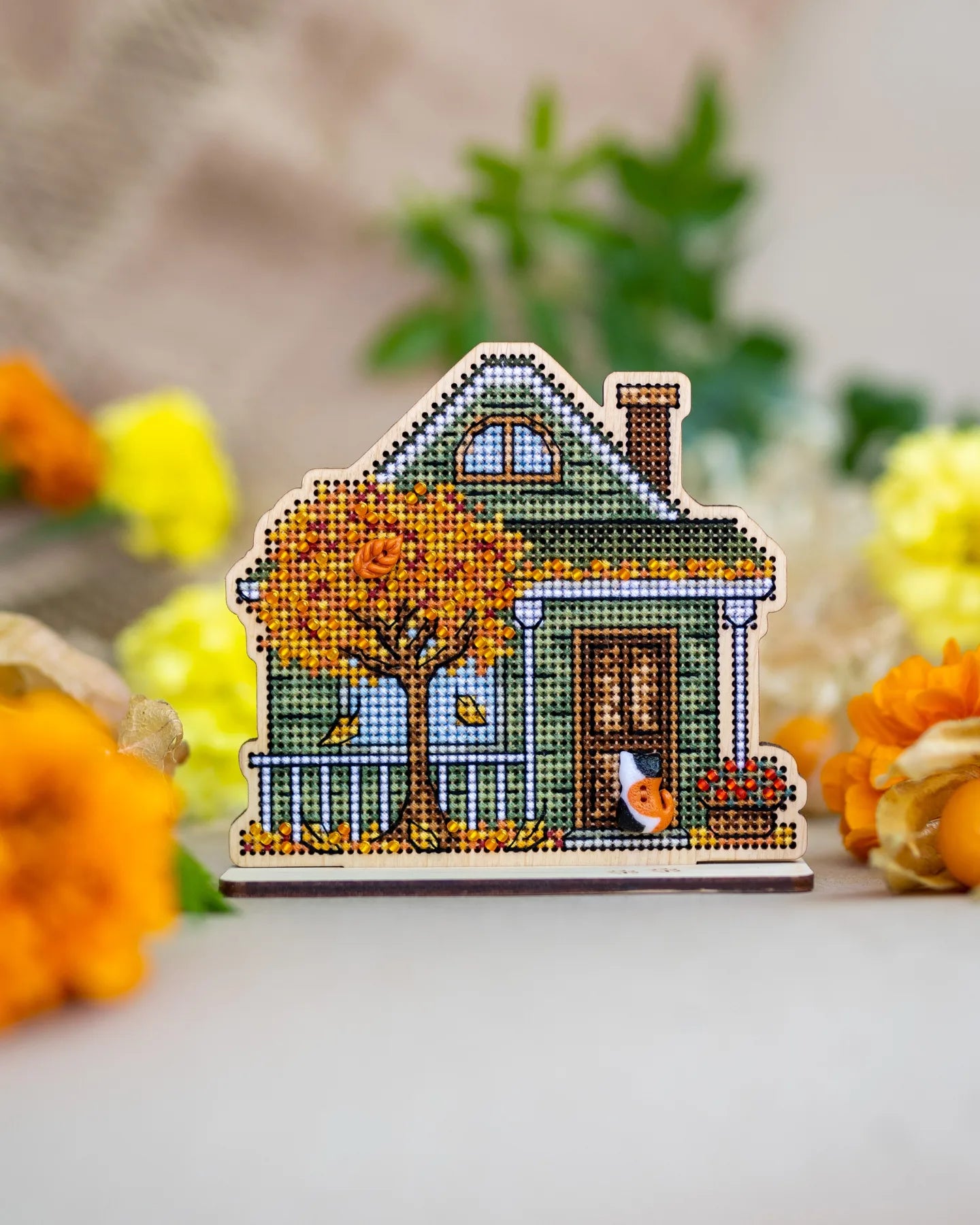 Cozy Crosses Charms of Autumn M008 Counted Cross Stitch Kit, Autumn House on Wood