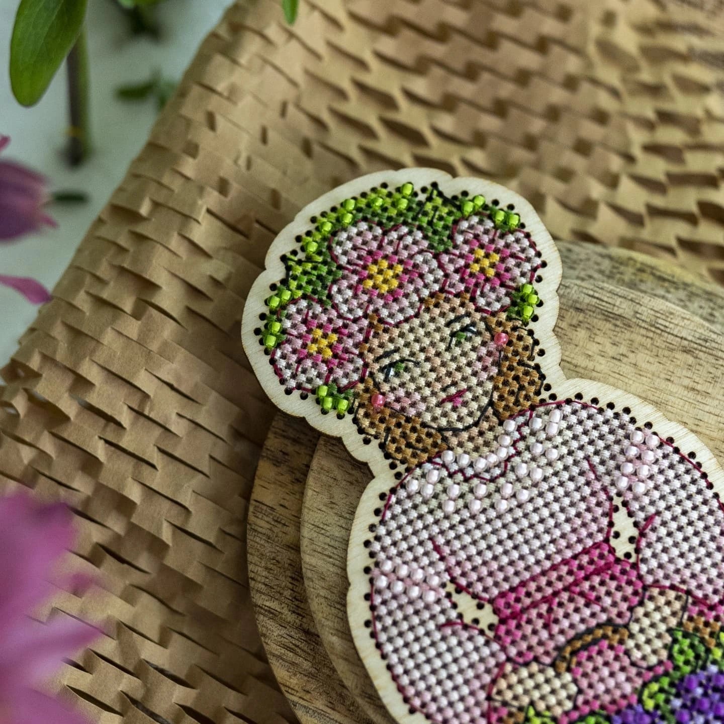 Cozy Crosses Spring Girl M018 Counted Cross Stitch Kit, Spring Figure on Wood