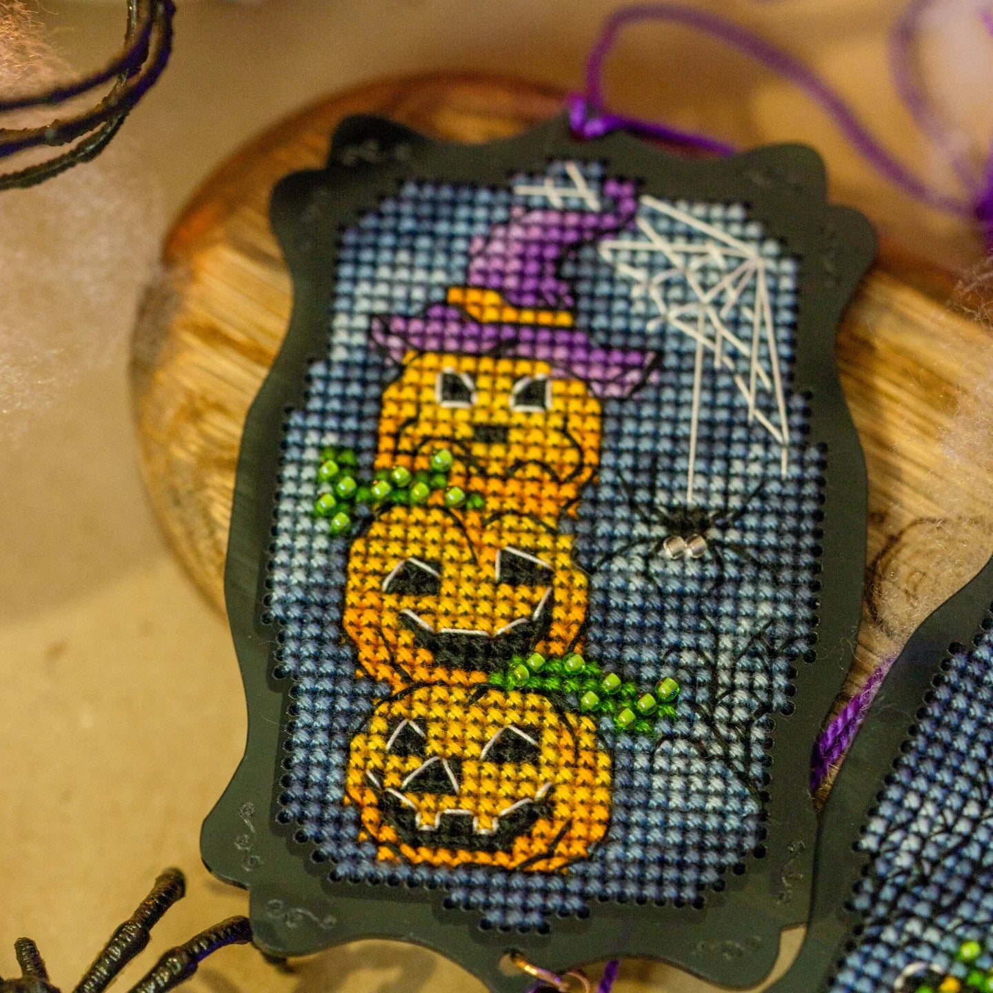 Cozy Crosses Pumpkin Pranks M022 Counted Cross Stitch Kit, Halloween Ornaments on Black Acrylic, Set of 2