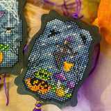 Cozy Crosses Pumpkin Pranks M022 Counted Cross Stitch Kit, Halloween Ornaments on Black Acrylic, Set of 2