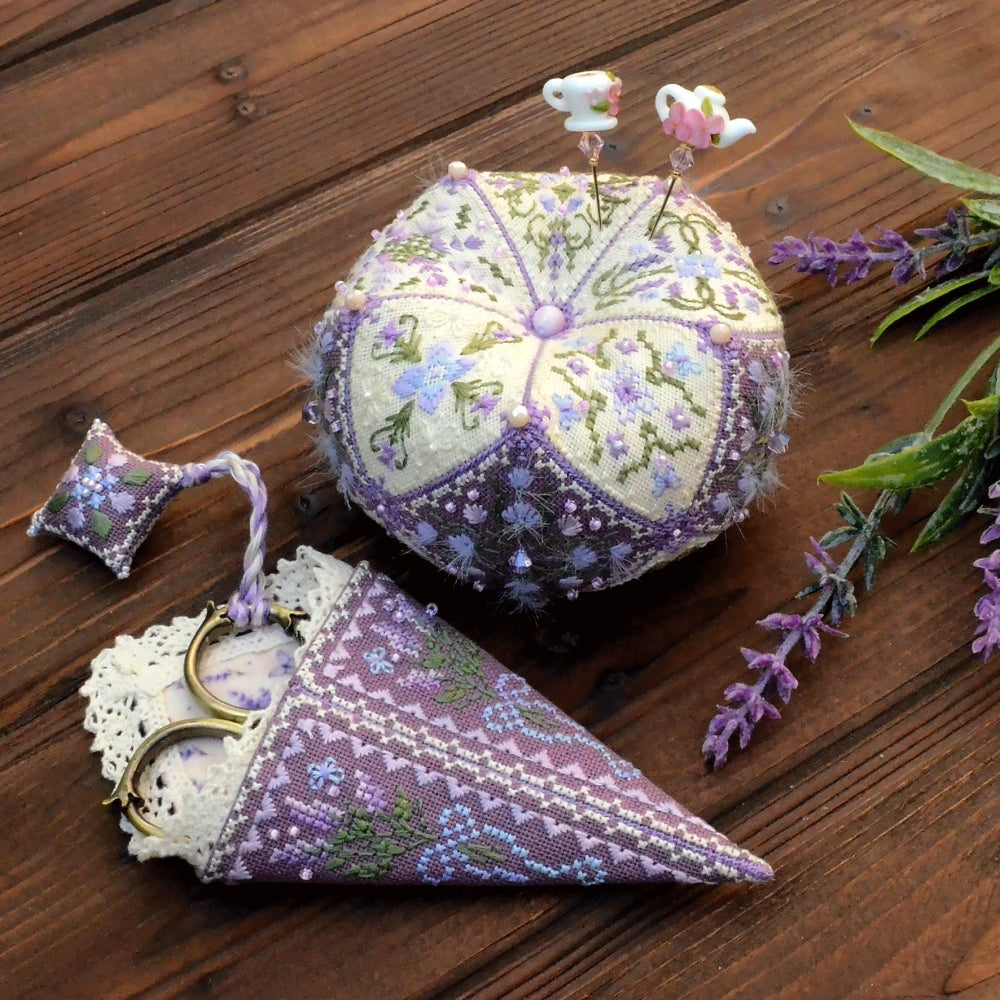 Lavender Biscornu Cross Stitch Kit X-373, 15 Element 3D Ornament, Hand Dyed Thread Miyuki Beads & Pearls