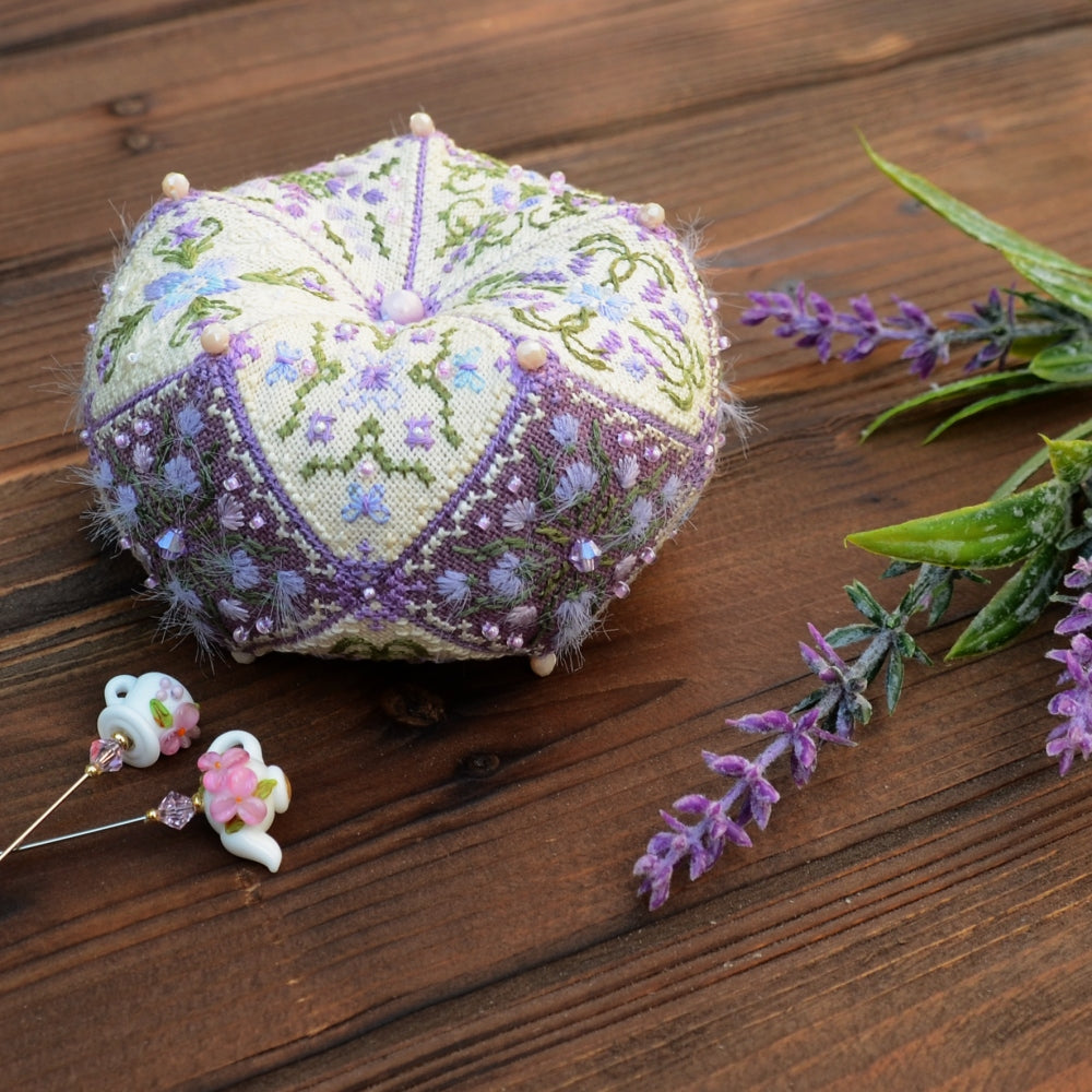 Lavender Biscornu Cross Stitch Kit X-373, 15 Element 3D Ornament, Hand Dyed Thread Miyuki Beads & Pearls