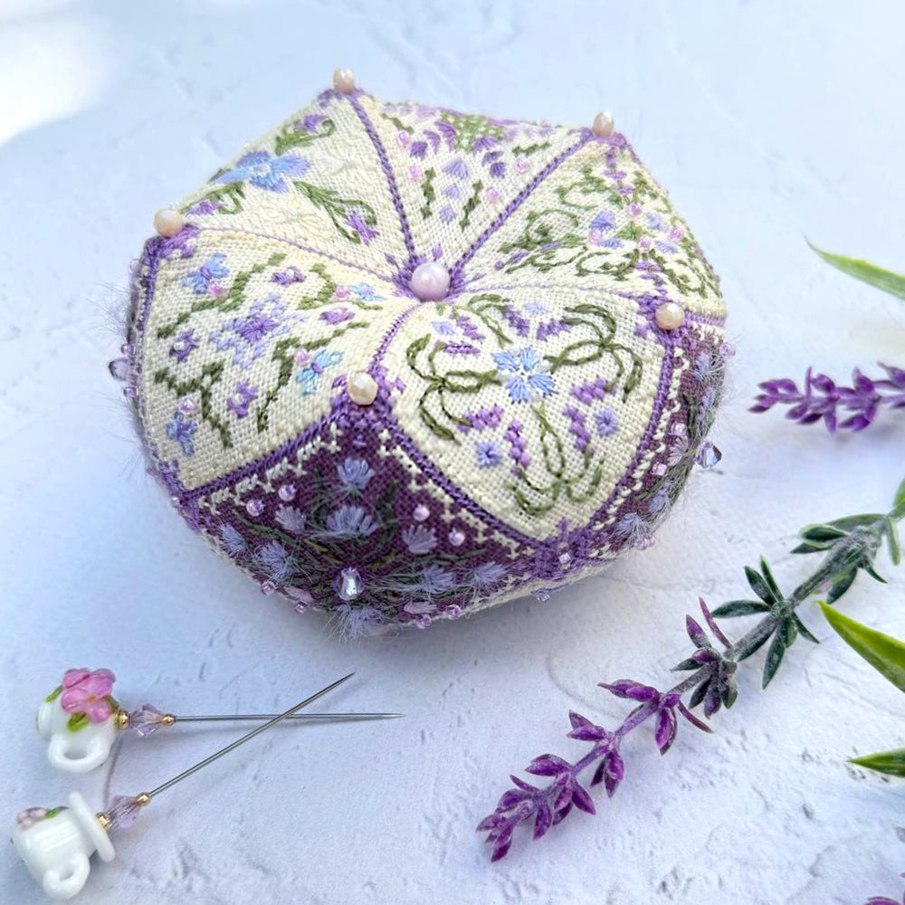 Lavender Biscornu Cross Stitch Kit X-373, 15 Element 3D Ornament, Hand Dyed Thread Miyuki Beads & Pearls