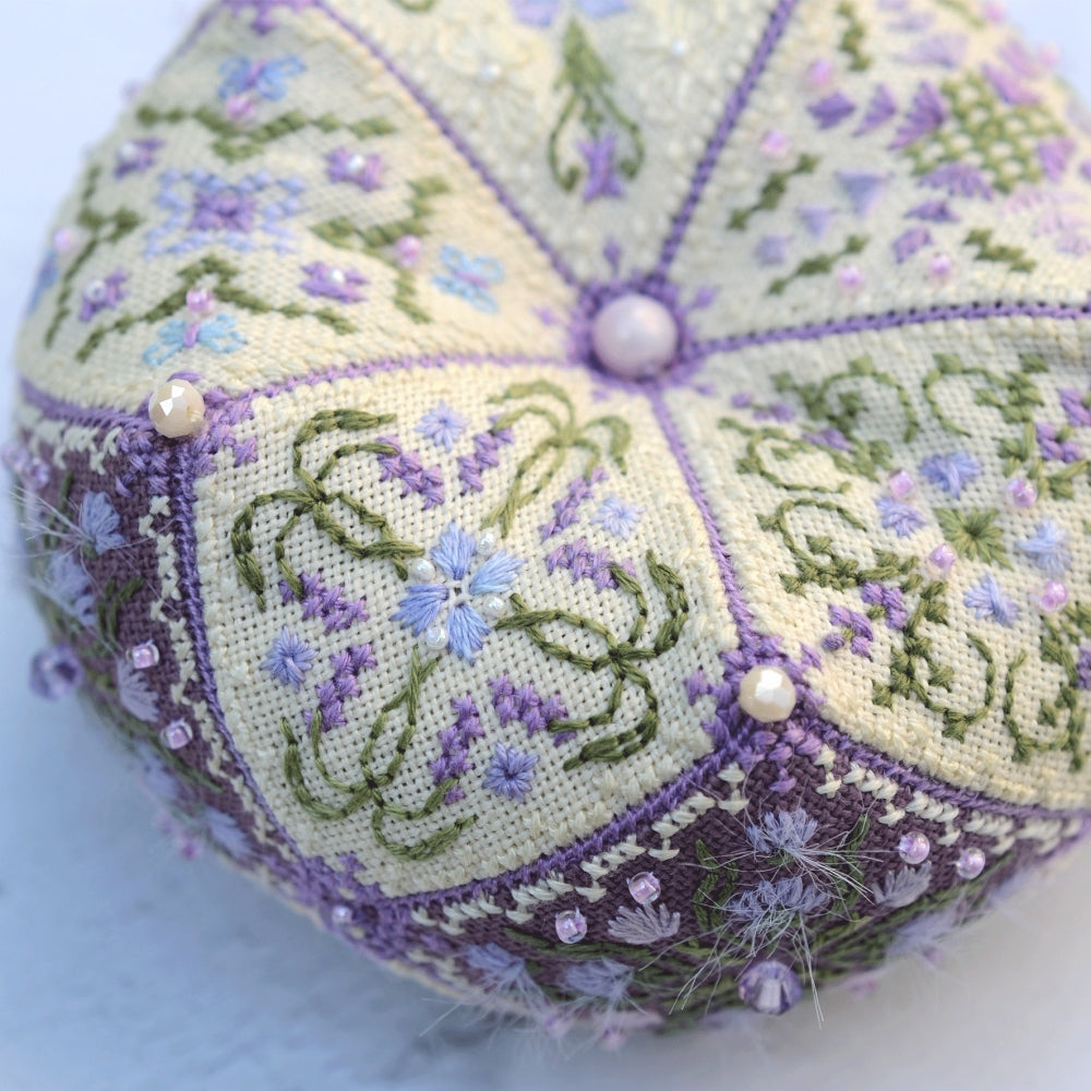 Lavender Biscornu Cross Stitch Kit X-373, 15 Element 3D Ornament, Hand Dyed Thread Miyuki Beads & Pearls