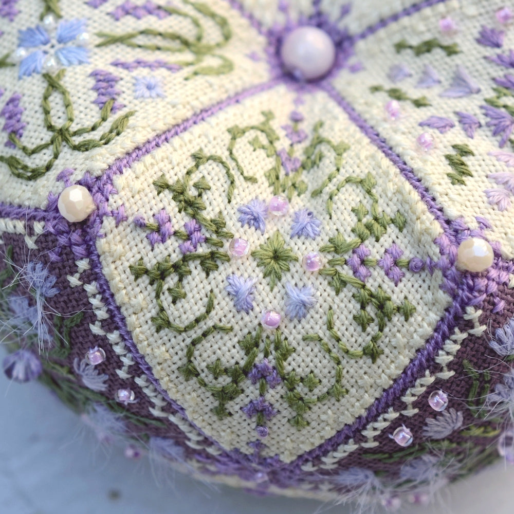 Lavender Biscornu Cross Stitch Kit X-373, 15 Element 3D Ornament, Hand Dyed Thread Miyuki Beads & Pearls