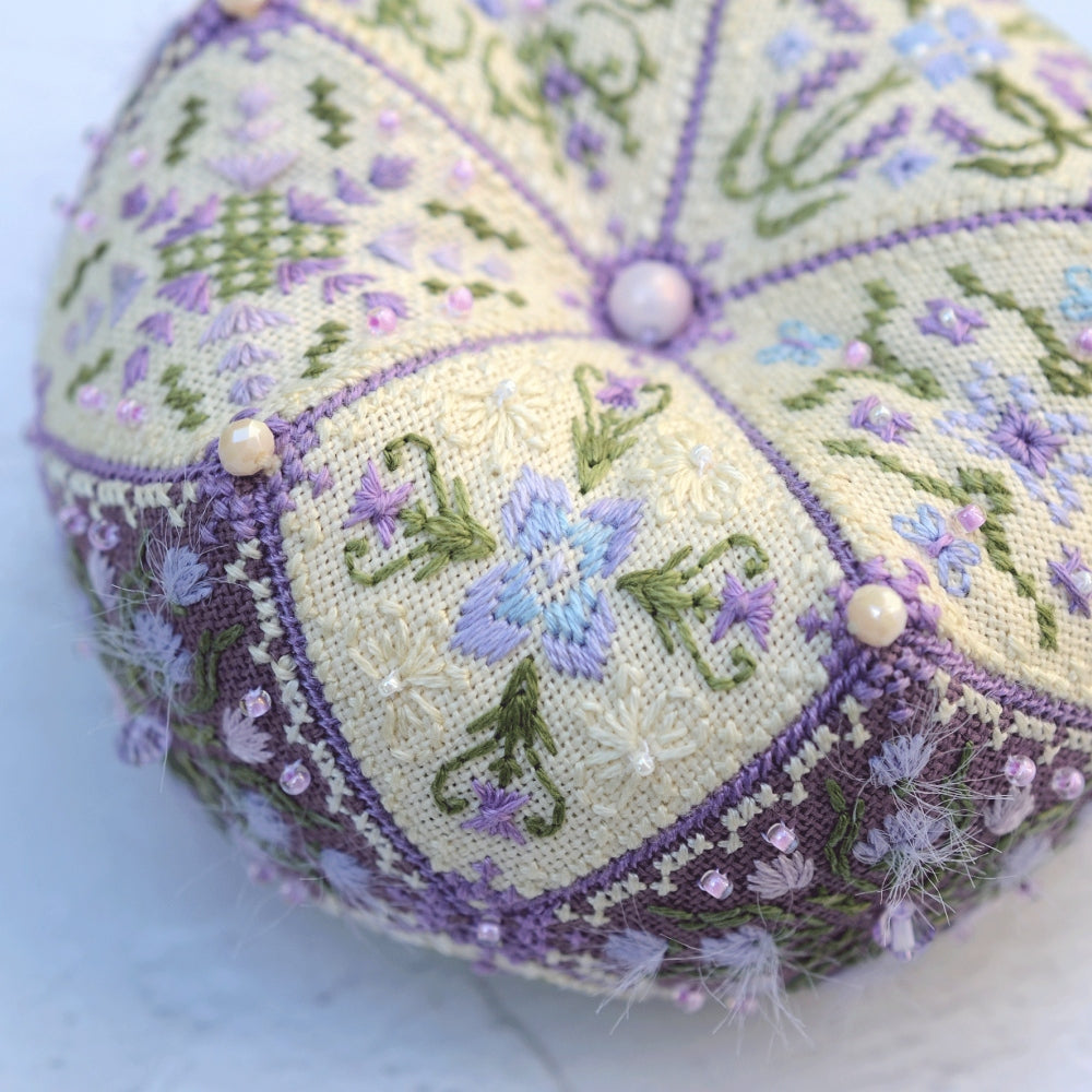 Lavender Biscornu Cross Stitch Kit X-373, 15 Element 3D Ornament, Hand Dyed Thread Miyuki Beads & Pearls