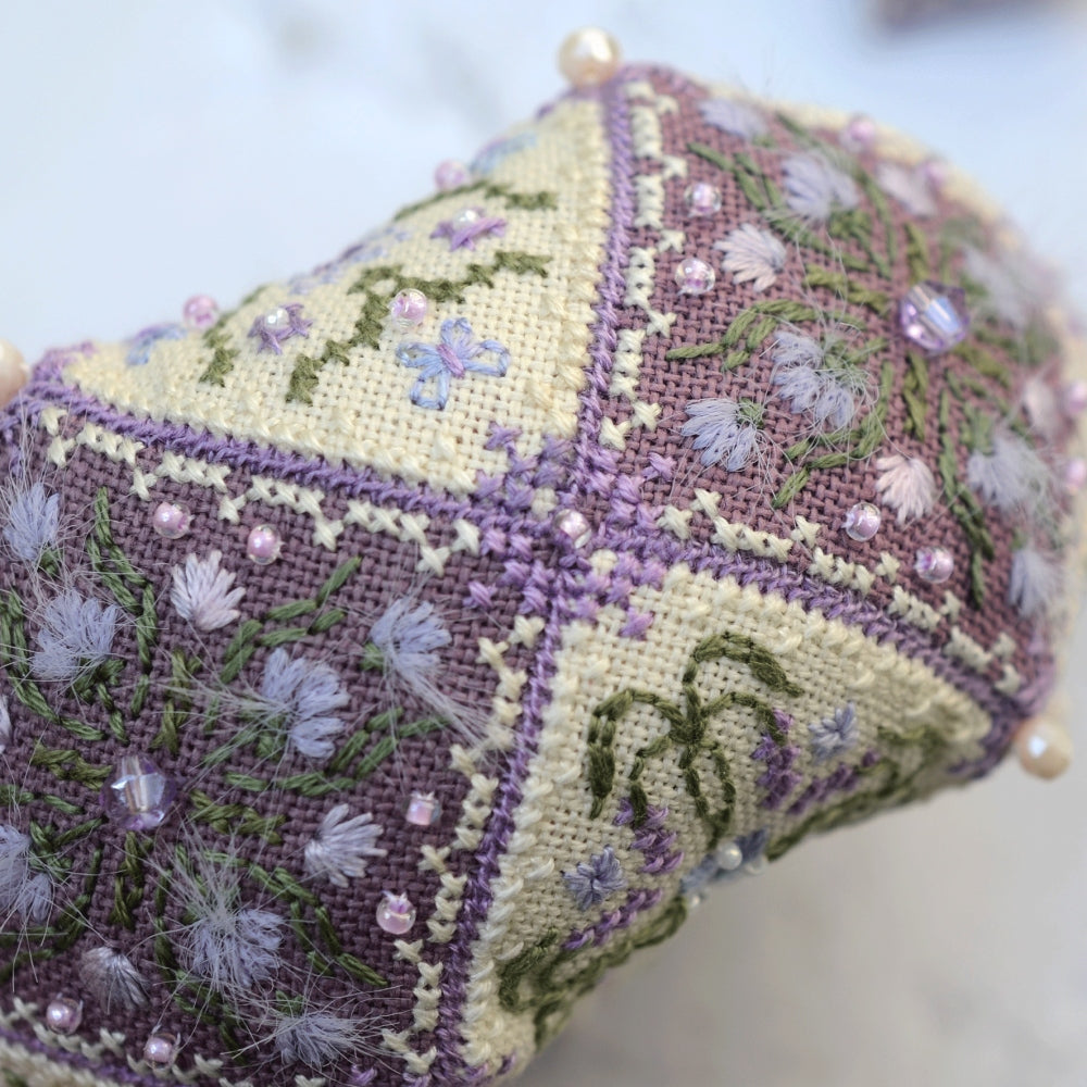 Lavender Biscornu Cross Stitch Kit X-373, 15 Element 3D Ornament, Hand Dyed Thread Miyuki Beads & Pearls