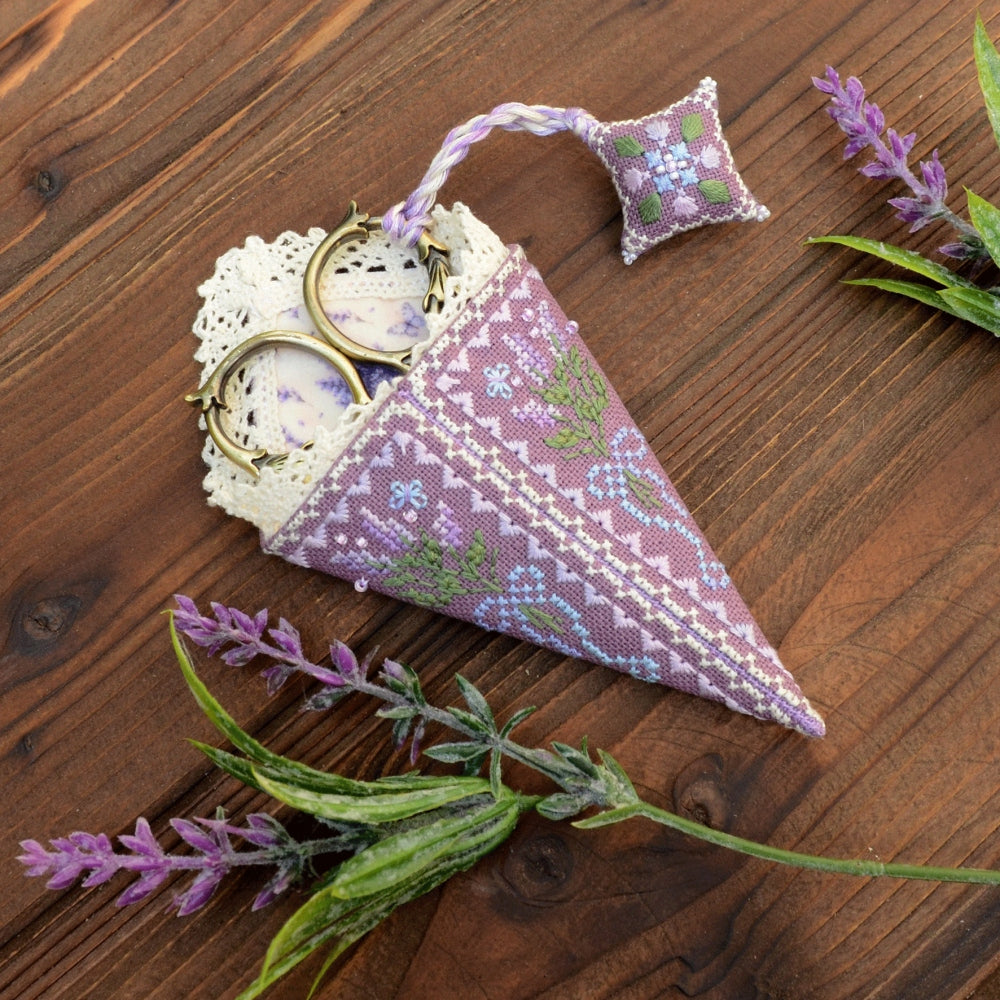 Lavender Scissors Sheath and Fob Cross Stitch Kit, Hand Dyed DMC Floss Miyuki Beads Lace & Velour Set