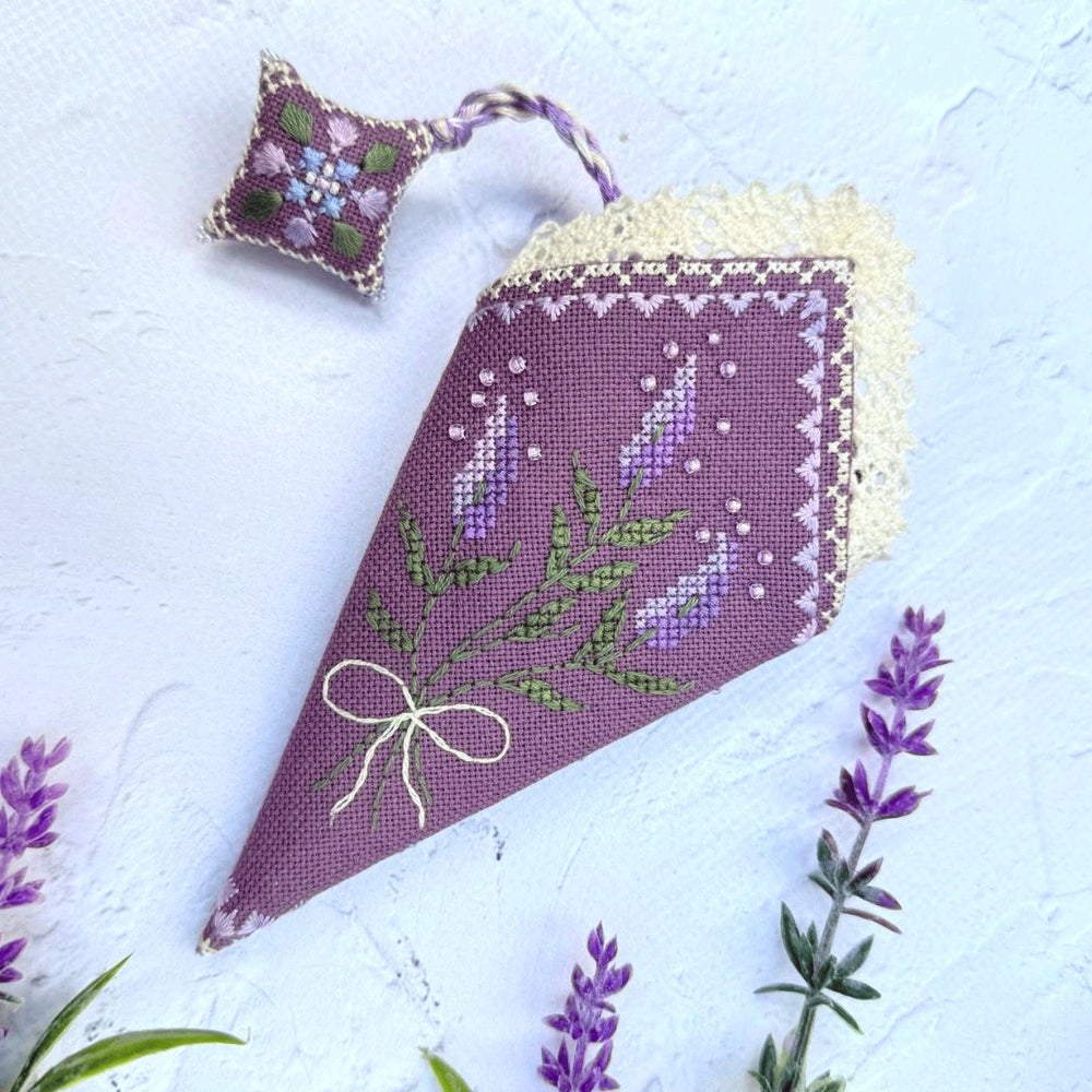 Lavender Scissors Sheath and Fob Cross Stitch Kit, Hand Dyed DMC Floss Miyuki Beads Lace & Velour Set