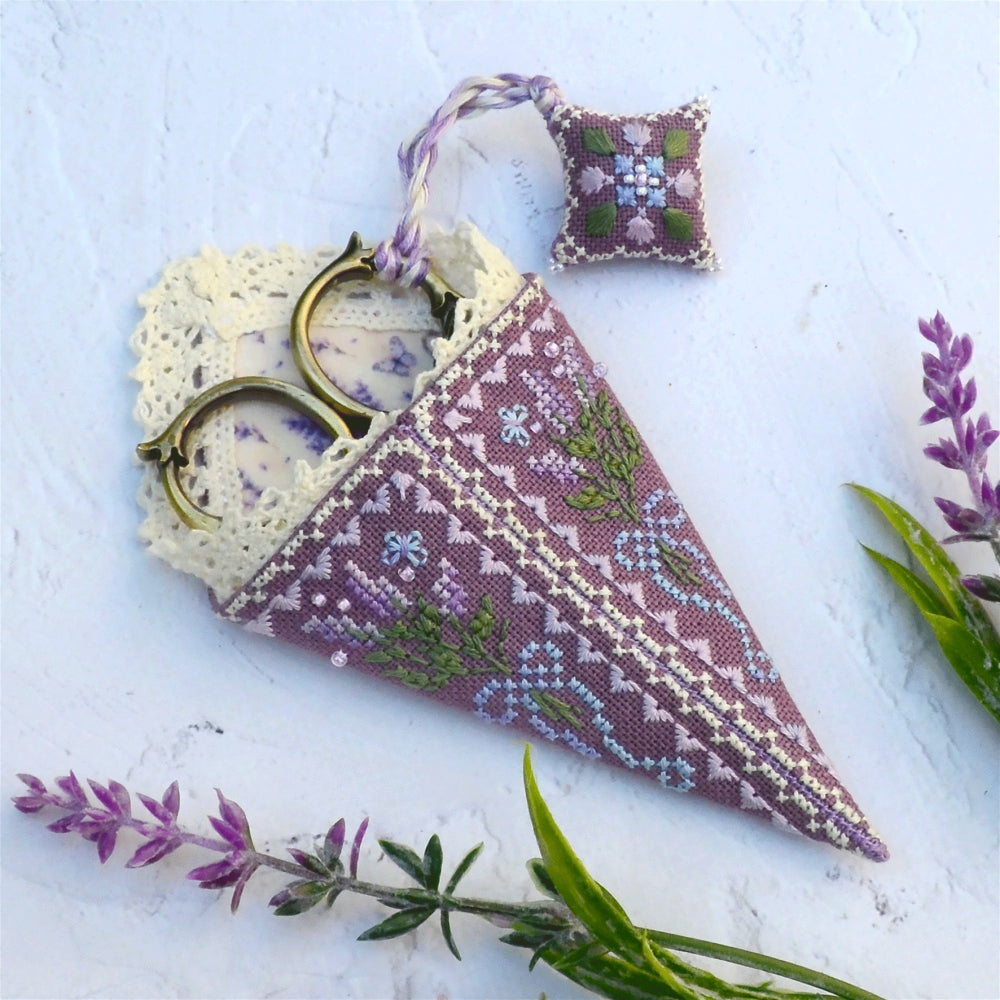 Lavender Scissors Sheath and Fob Cross Stitch Kit, Hand Dyed DMC Floss Miyuki Beads Lace & Velour Set