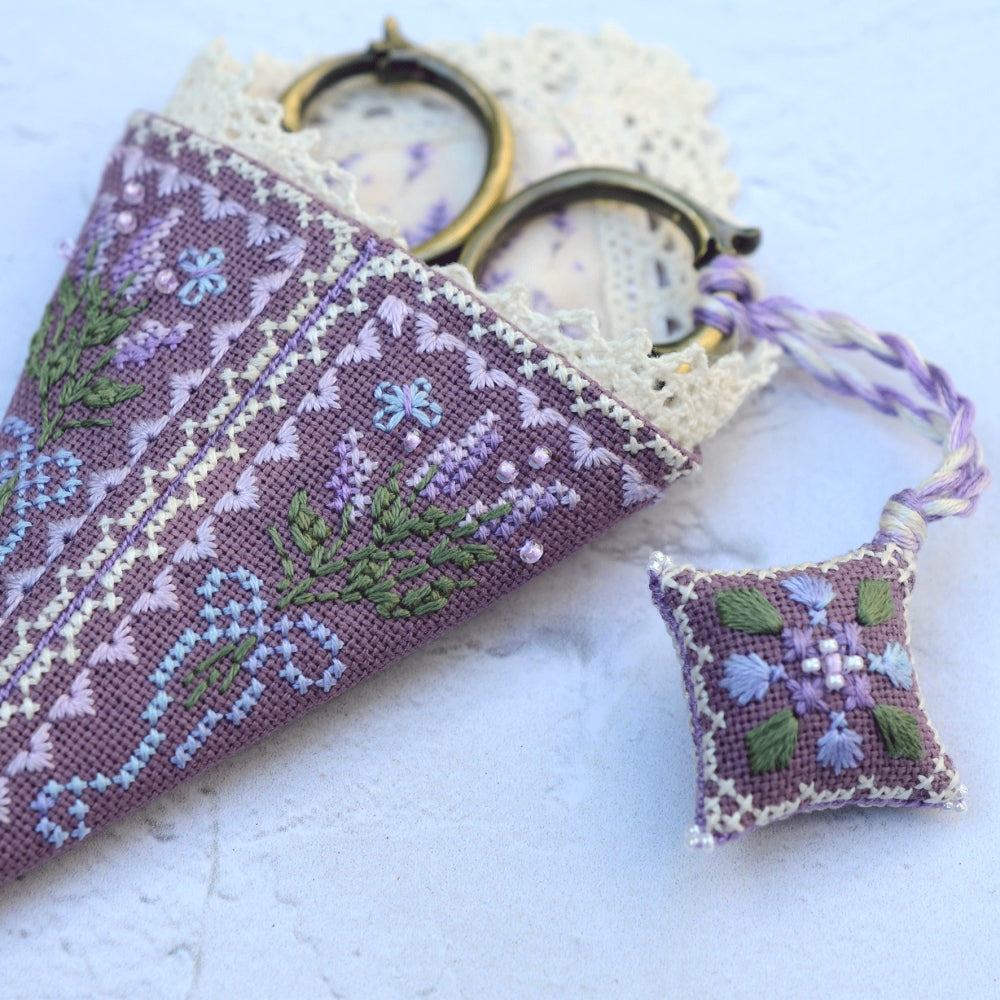Lavender Scissors Sheath and Fob Cross Stitch Kit, Hand Dyed DMC Floss Miyuki Beads Lace & Velour Set