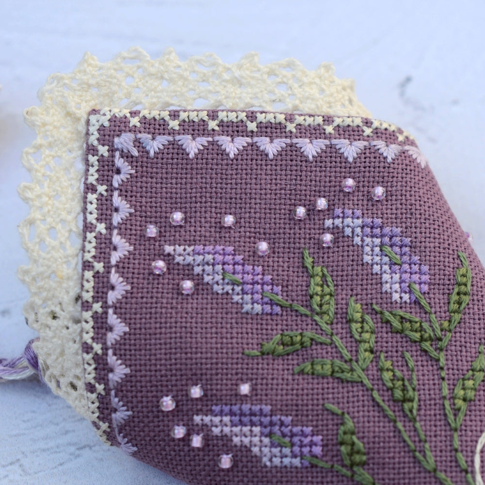 Lavender Scissors Sheath and Fob Cross Stitch Kit, Hand Dyed DMC Floss Miyuki Beads Lace & Velour Set