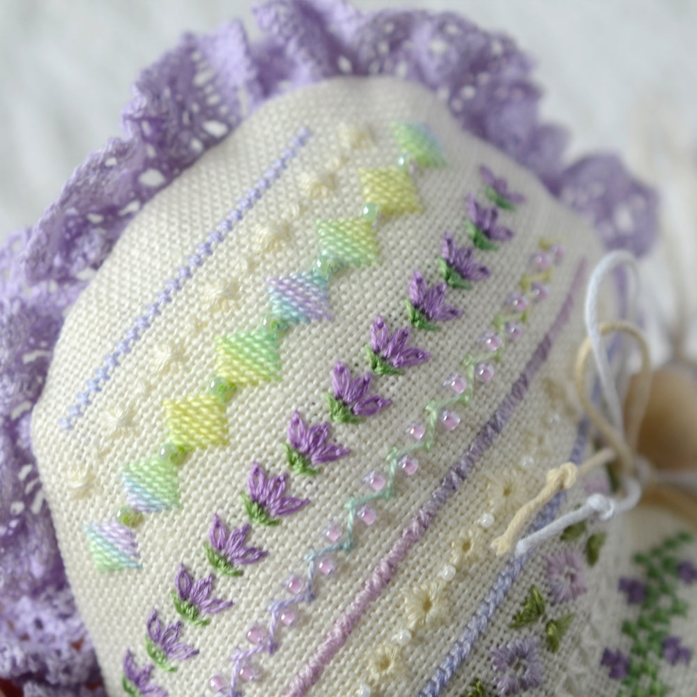 Lavender Heart Cross Stitch Kit X-391, Zweigart Cashel 28ct Hand Dyed Floss Miyuki Beads