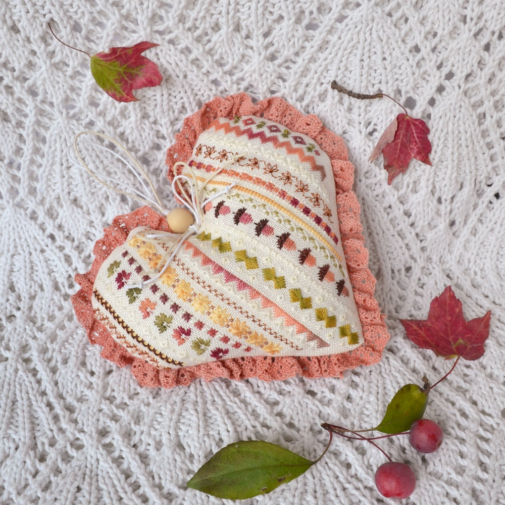 Autumn Heart Cross Stitch Kit X-392, Zweigart Cashel 28ct Hand Dyed Floss Miyuki Toho Beads
