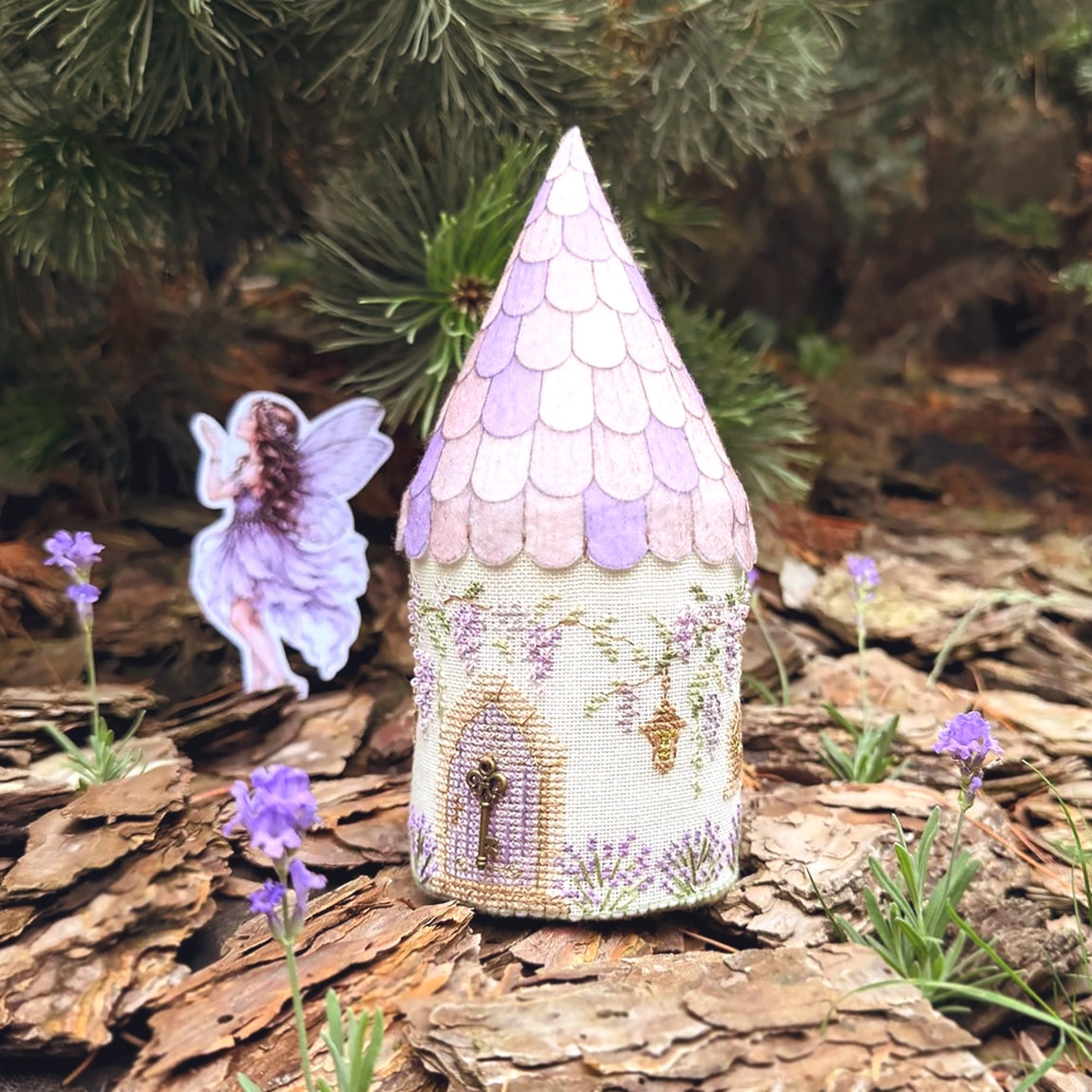Lavender Fairy House 3D Cross Stitch Kit, 3D Village House, 28 ct Linen, Hand Dyed DMC Floss, x-803